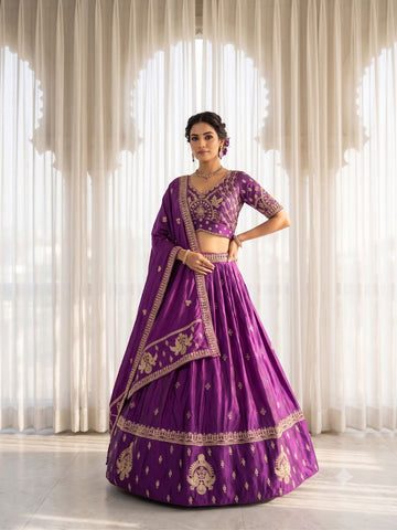 Purple Beads work Semi-Stitched Lehenga & Unstitched Blouse With Dupatta