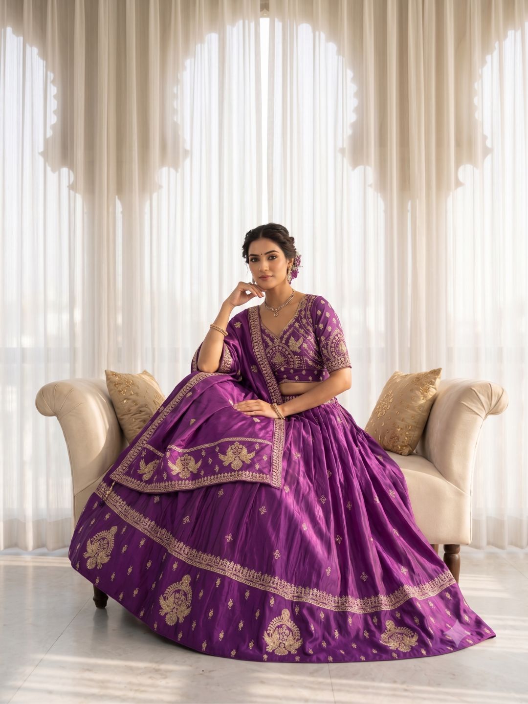 Purple Beads work Semi-Stitched Lehenga & Unstitched Blouse With Dupatta
