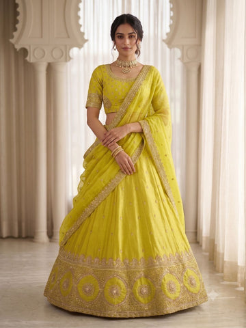 Yellow Zari Embellished Semi-Stitched Lehenga & Unstitched Blouse With Dupatta