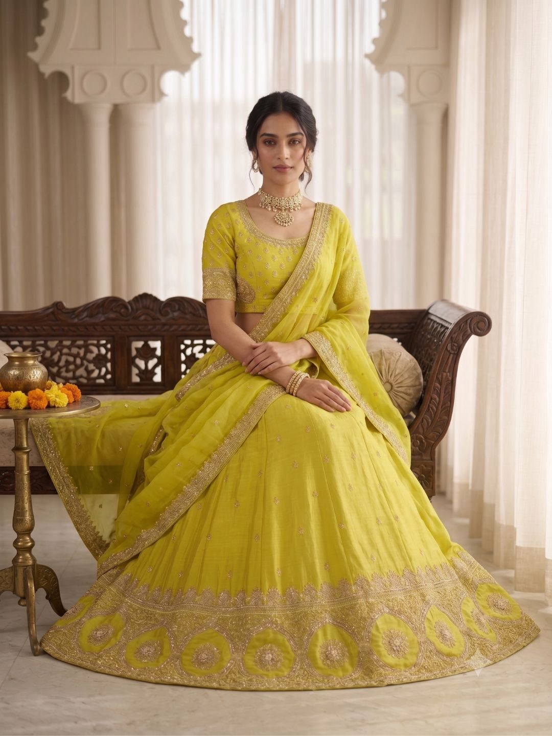 Yellow Zari Embellished Semi-Stitched Lehenga & Unstitched Blouse With Dupatta