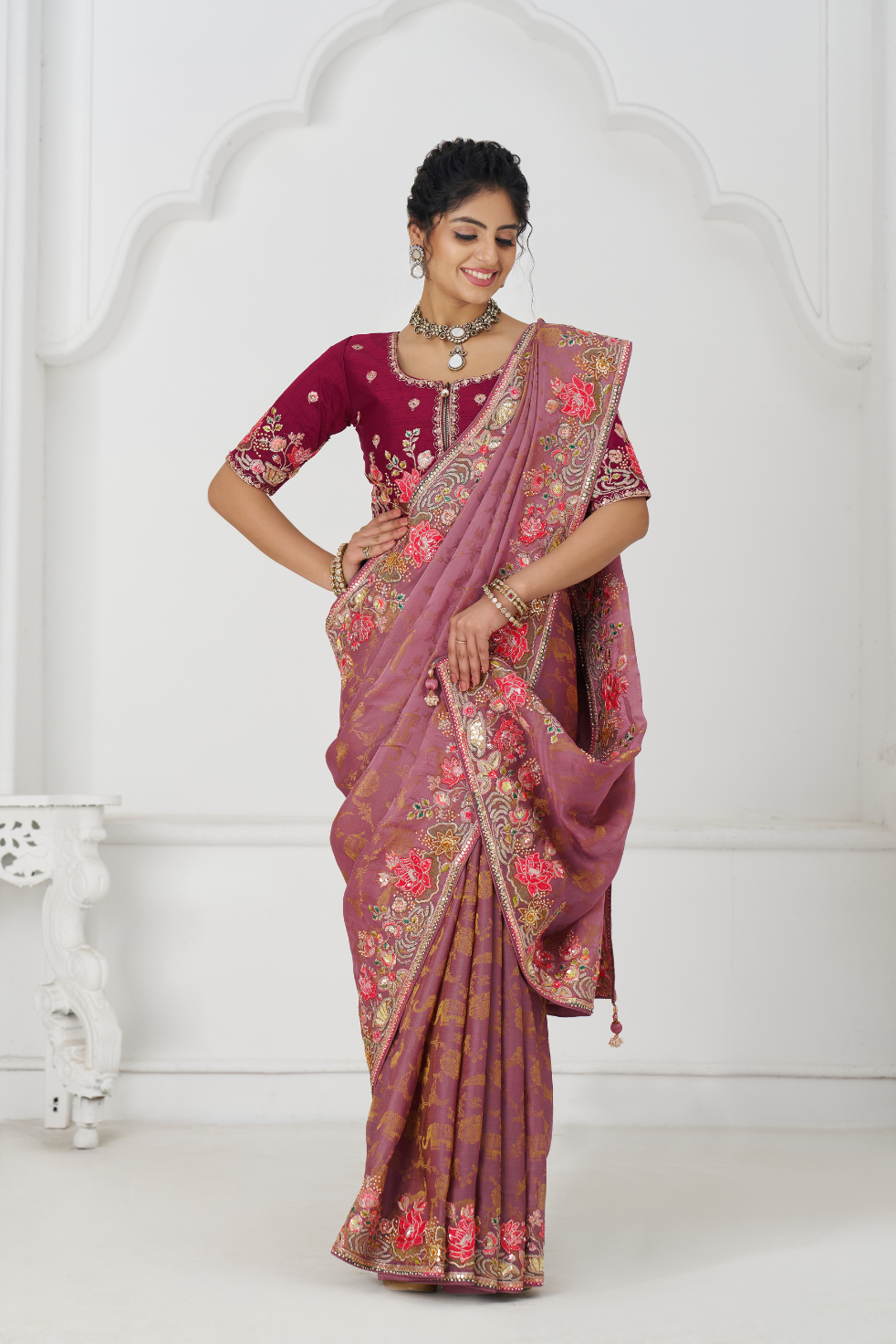 Blushing Mauve: Multi-Thread Embroidered Saree with Floral Elegance