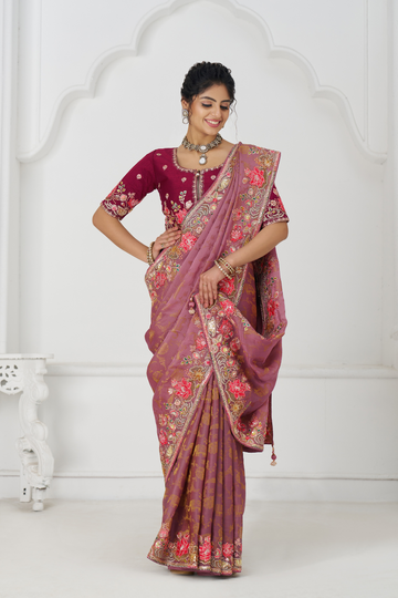 Blushing Mauve: Multi-Thread Embroidered Saree with Floral Elegance