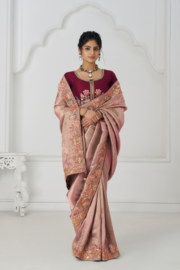 Pretty Pink Color Saree With Multi-thread And Sequins Embroidery For Wedding