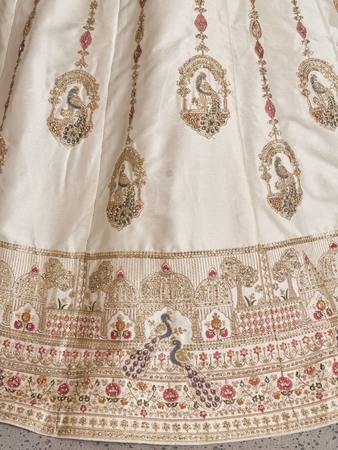 Luxurious White Lehenga with Elegant Thread & Peacock Design