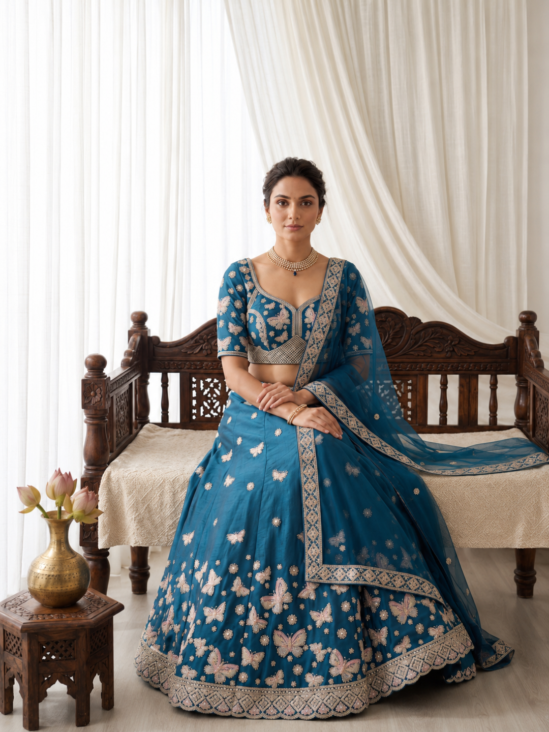 Blue butterfly Embroidered Semi-Stitched Lehenga & Unstitched Blouse With Dupatta