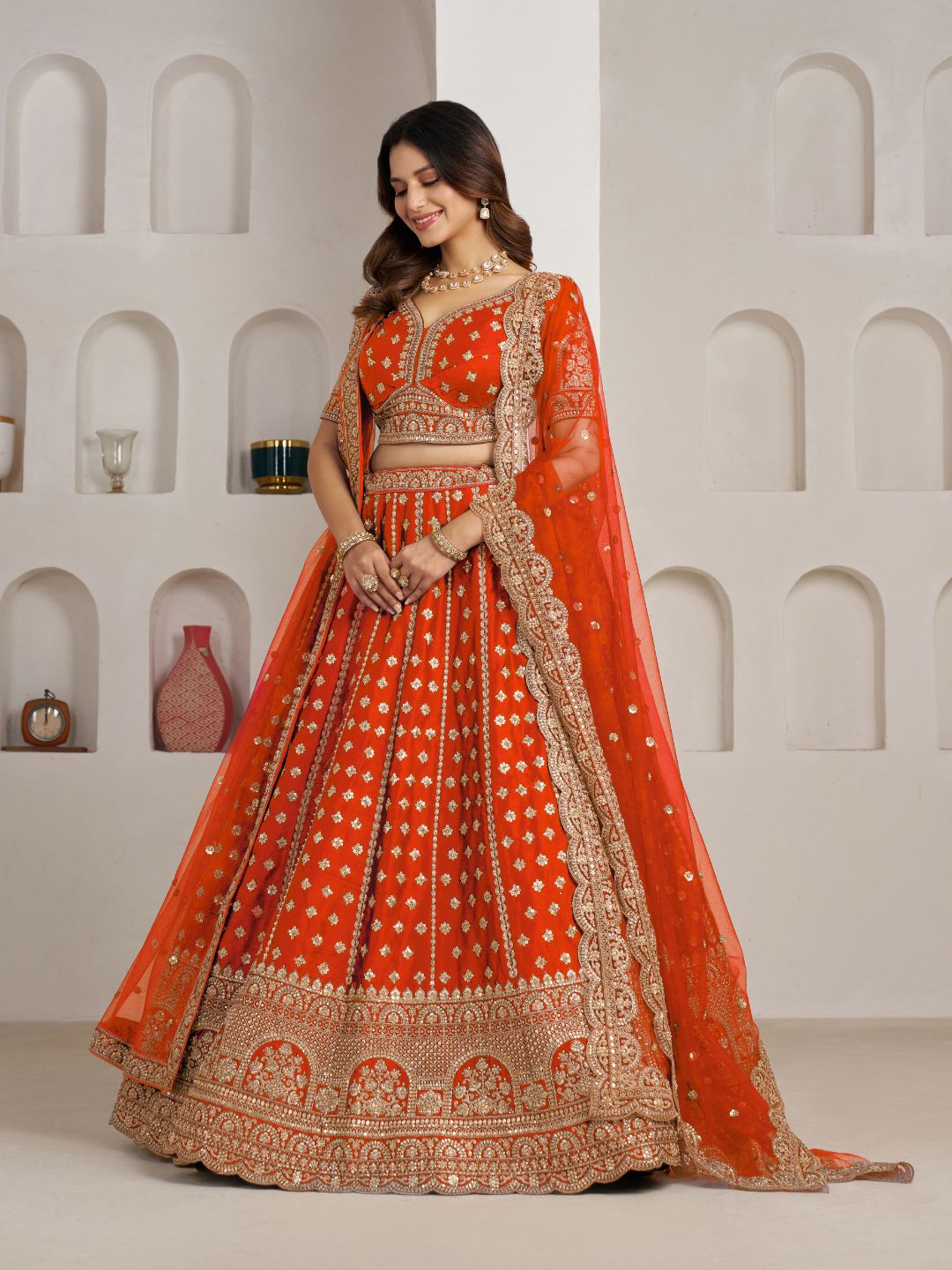 Trendy Rust Double Dupatta Bridal Lehenga Collection