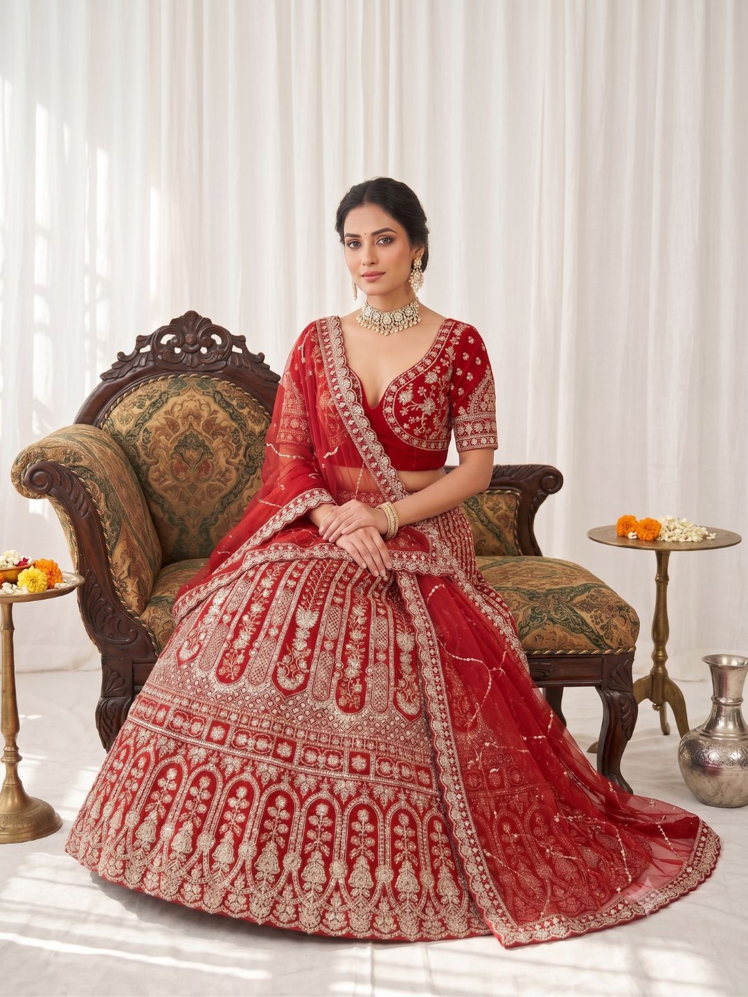Red Ensemble with Motifs Semi-Stitched Lehenga & Unstitched Blouse With Dupatta