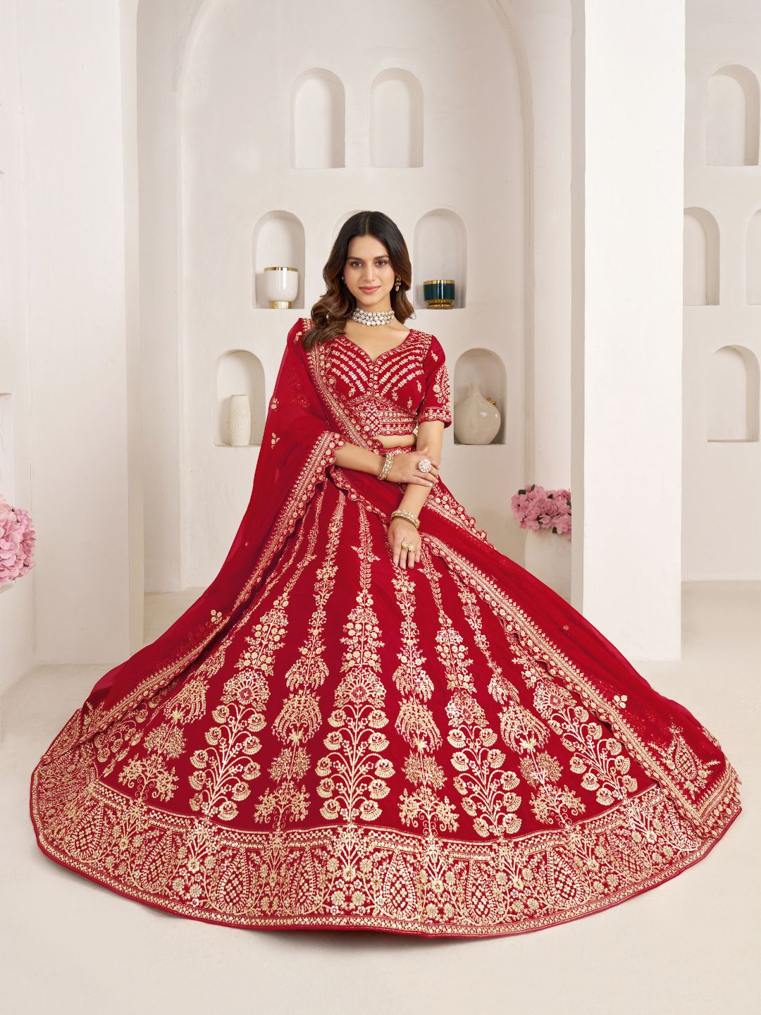 Red Wedding Lehenga Adorned with Floral Zari Embroidery