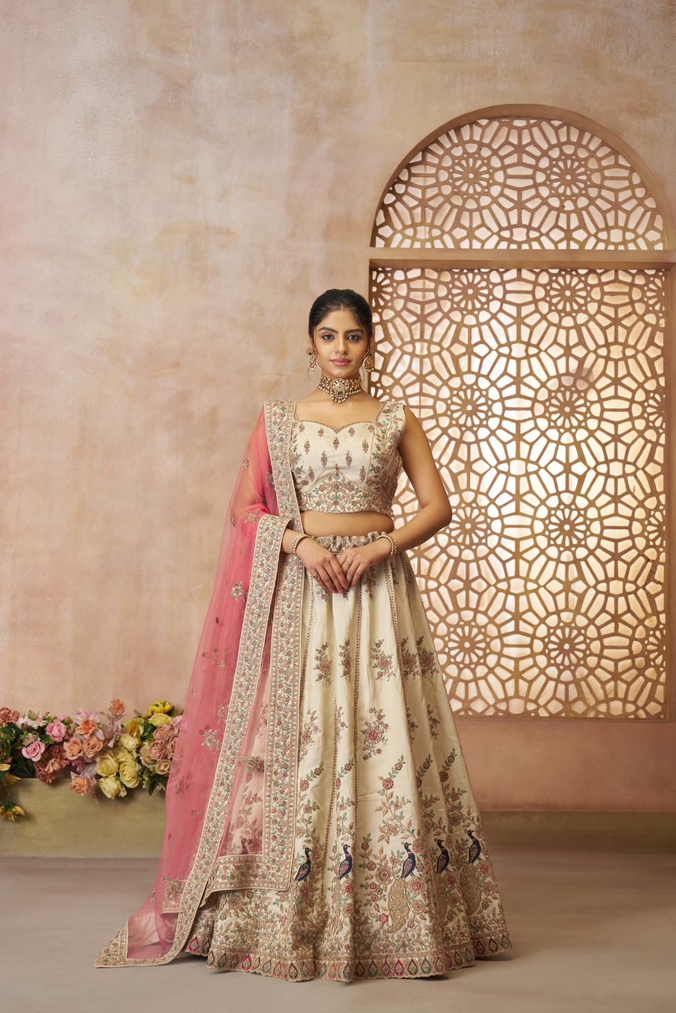 White - modern zari silk Fabric with Sequinse & Thread embroidery Semi-Stitched Lehenga choli & Dupatta