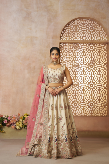 White - modern zari silk Fabric with Sequinse & Thread embroidery Semi-Stitched Lehenga choli & Dupatta