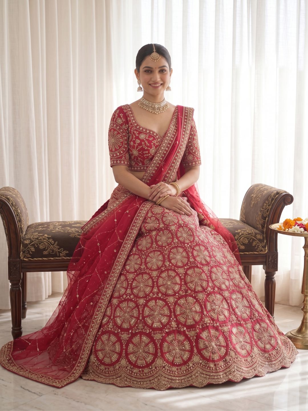 Red Ensemble with Motifs with sequence work Semi-Stitched Lehenga & Unstitched Blouse With Dupatta