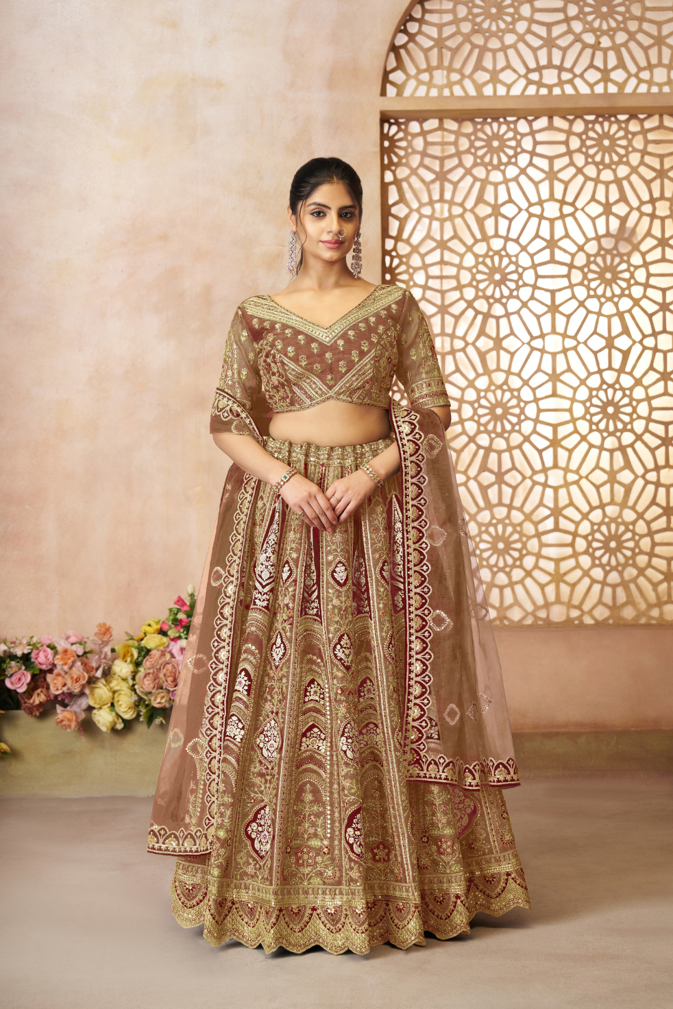 Mocha/Coffee Color Aari Embroidered Banarasi Lehenga for Brides