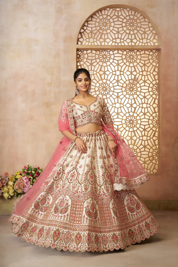 Whimsical White Imperial Patterned Bridal Lehenga - Kesar Fab