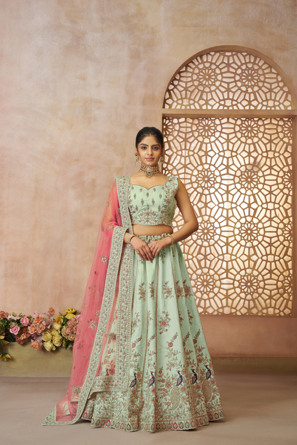 Green Zari Weaving Silk Wedding Lehenga Choli with Dupatta