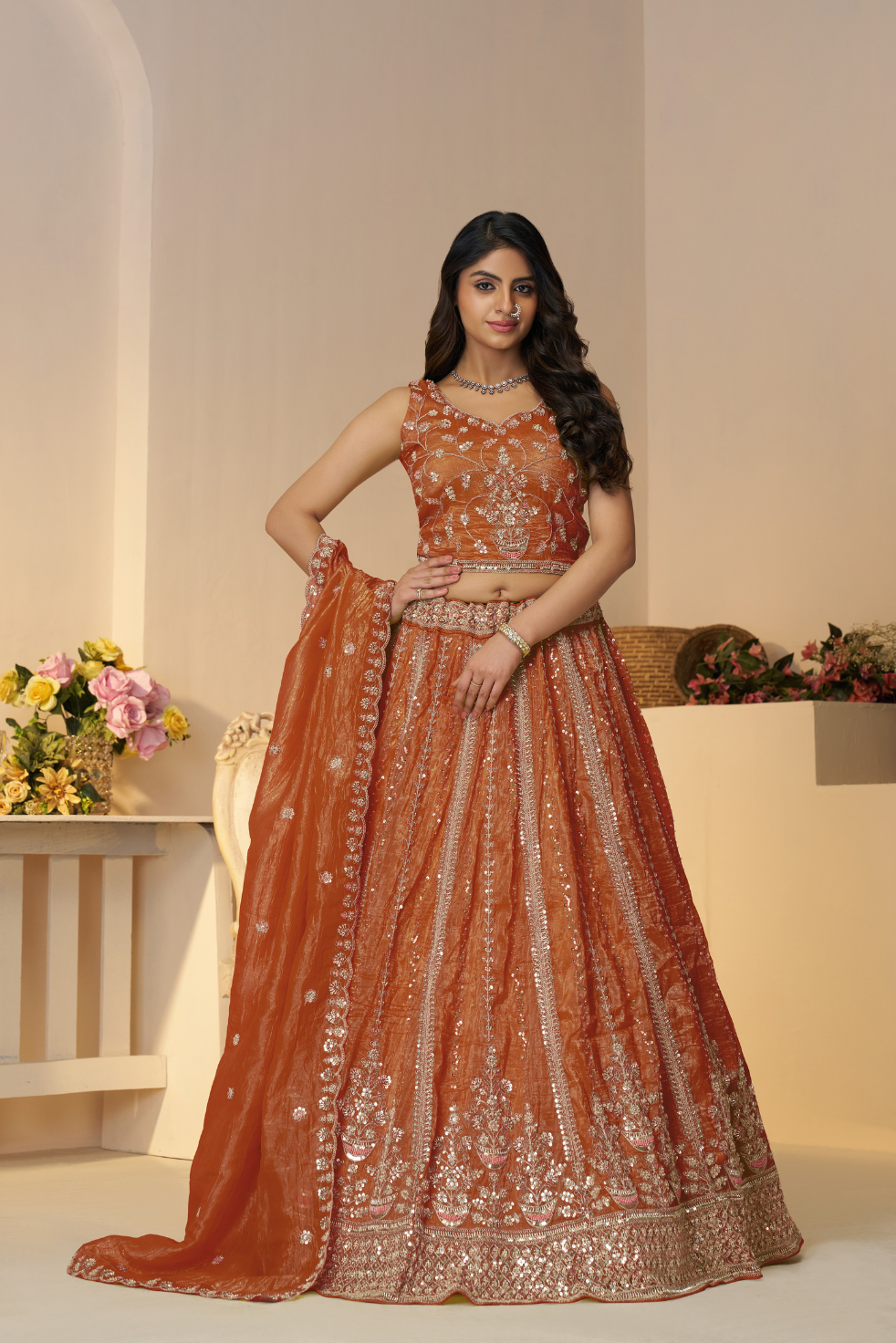 Rustic Orange Bridal Lehenga for Festivals