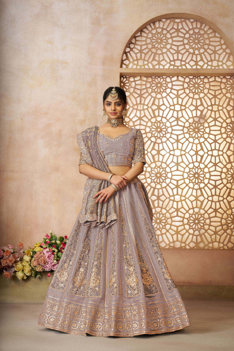 Onion Brocade Bridal Lehenga with Banarasi Patches and Zari Panel Work