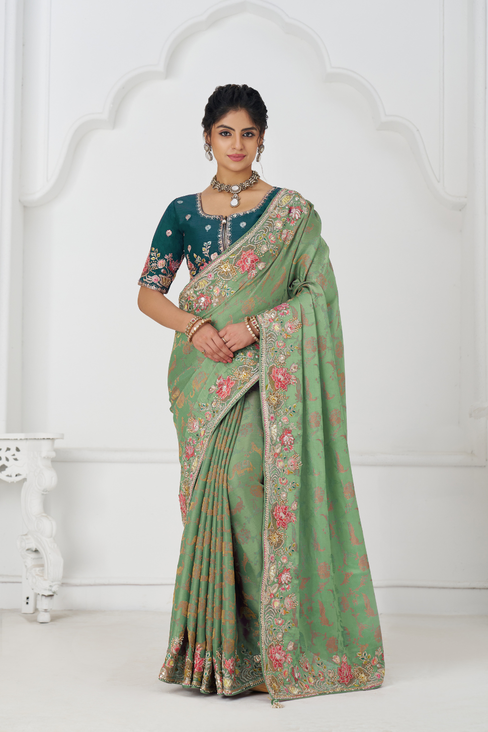 Grace in Green: Multi-Thread Embroidered Saree with Floral Elegance
