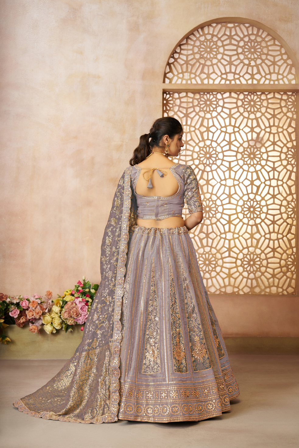 Onion Color Brocade bridal  Lehenga with Banarasi Patches & Zari Panel Work