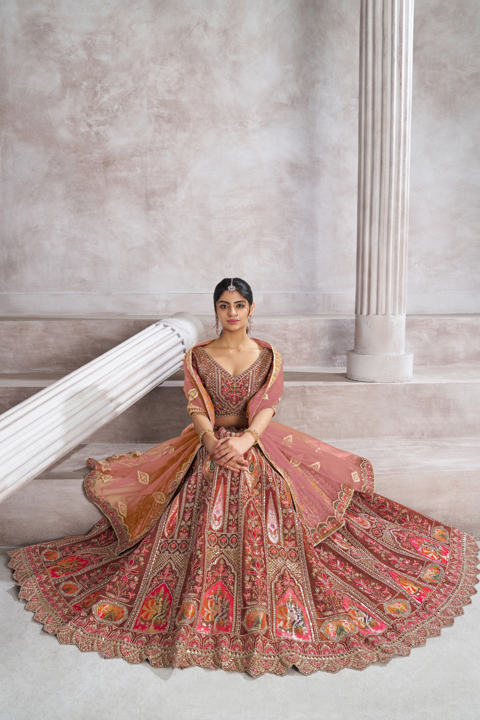Trending Mocha Color lehenga for women with aari and patch work Semi bridal Lehenga Choli