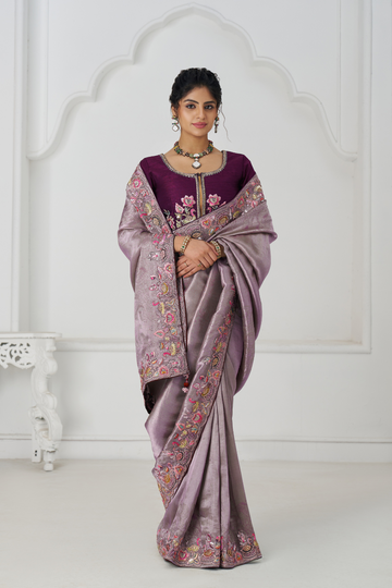 Stunning Mauve Color Saree With Multi-thread And Sequins Embroidery