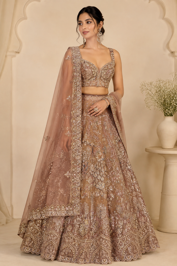 Elegant Brown Bridal Lehenga with  Semi-Stitched Lehenga & Unstitched Blouse With Dupatta