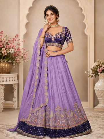 Purple Bridal Lehenga Choli with Rich Golden Zari Embroidery with Semi-Stitched Lehenga & Unstitched Blouse With Dupatta