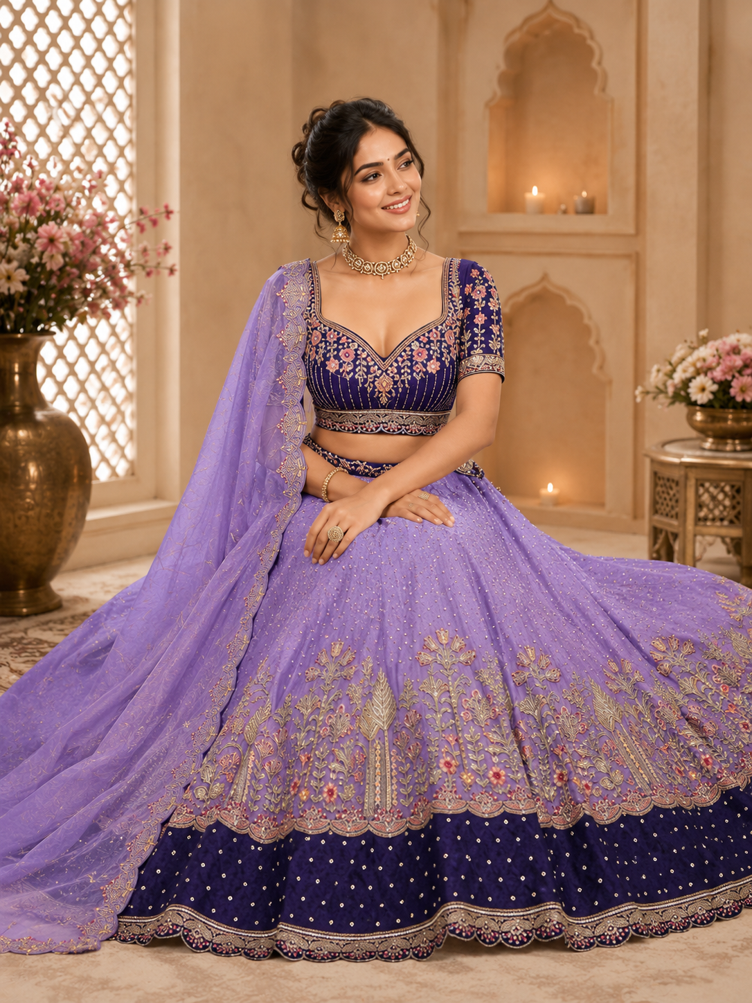 Purple Bridal Lehenga Choli with Rich Golden Zari Embroidery with Semi-Stitched Lehenga & Unstitched Blouse With Dupatta