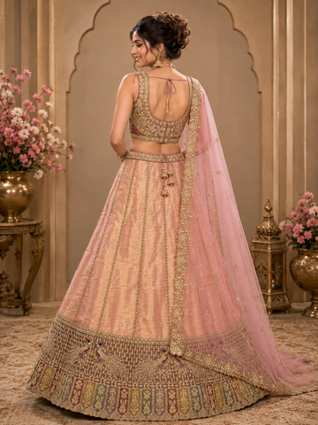 Premium Pink Tissue Silk Bridal Lehenga with Semi-Stitched Lehenga & Unstitched Blouse With Dupatta