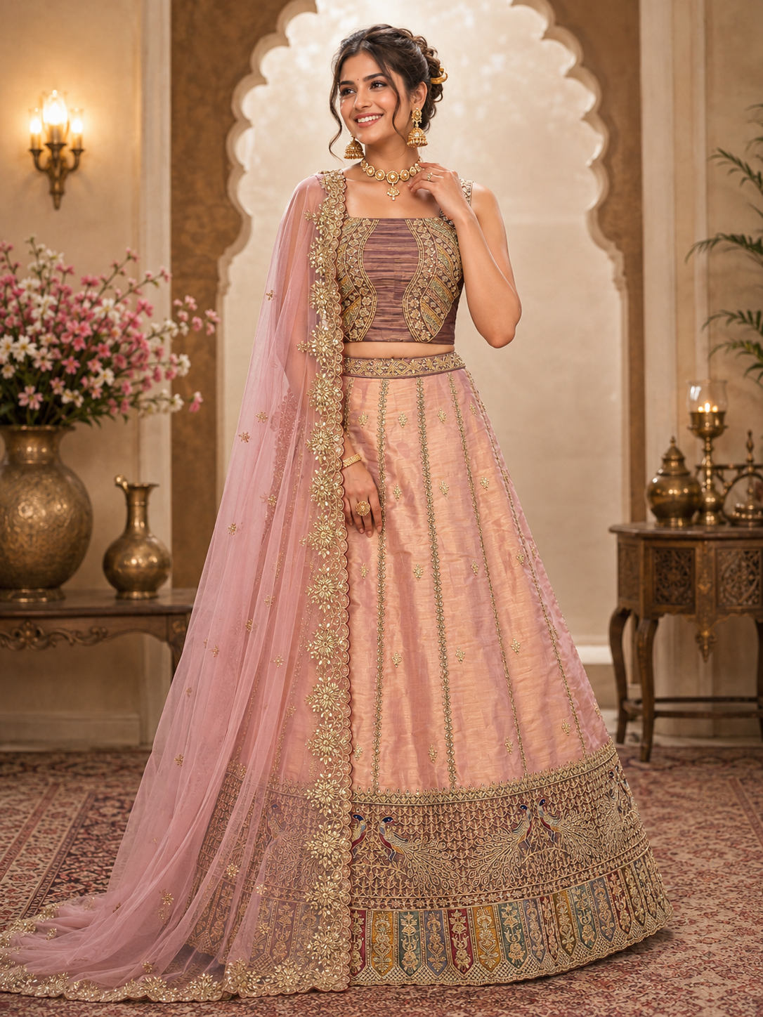 Premium Pink Tissue Silk Bridal Lehenga with Semi-Stitched Lehenga & Unstitched Blouse With Dupatta