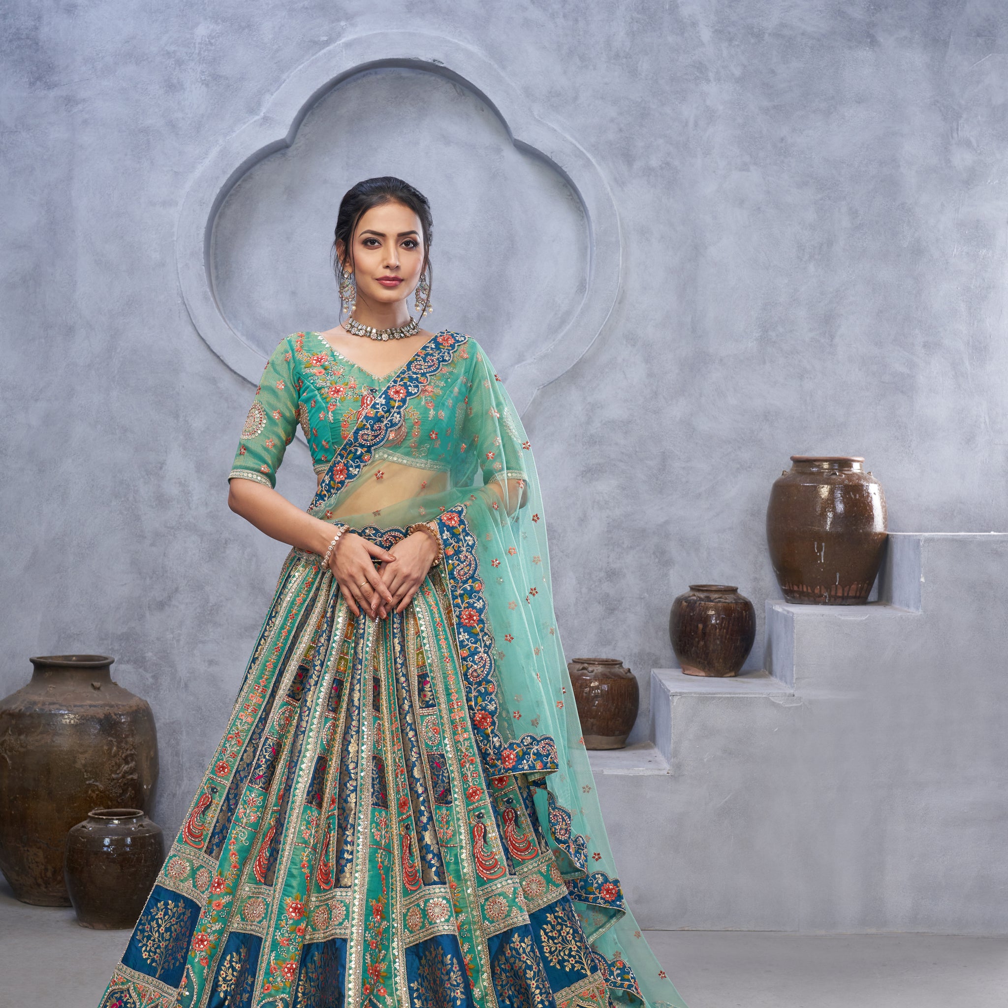 The Bagh Collection: Graceful Green Lehenga with Thread and Sequin Embellishments