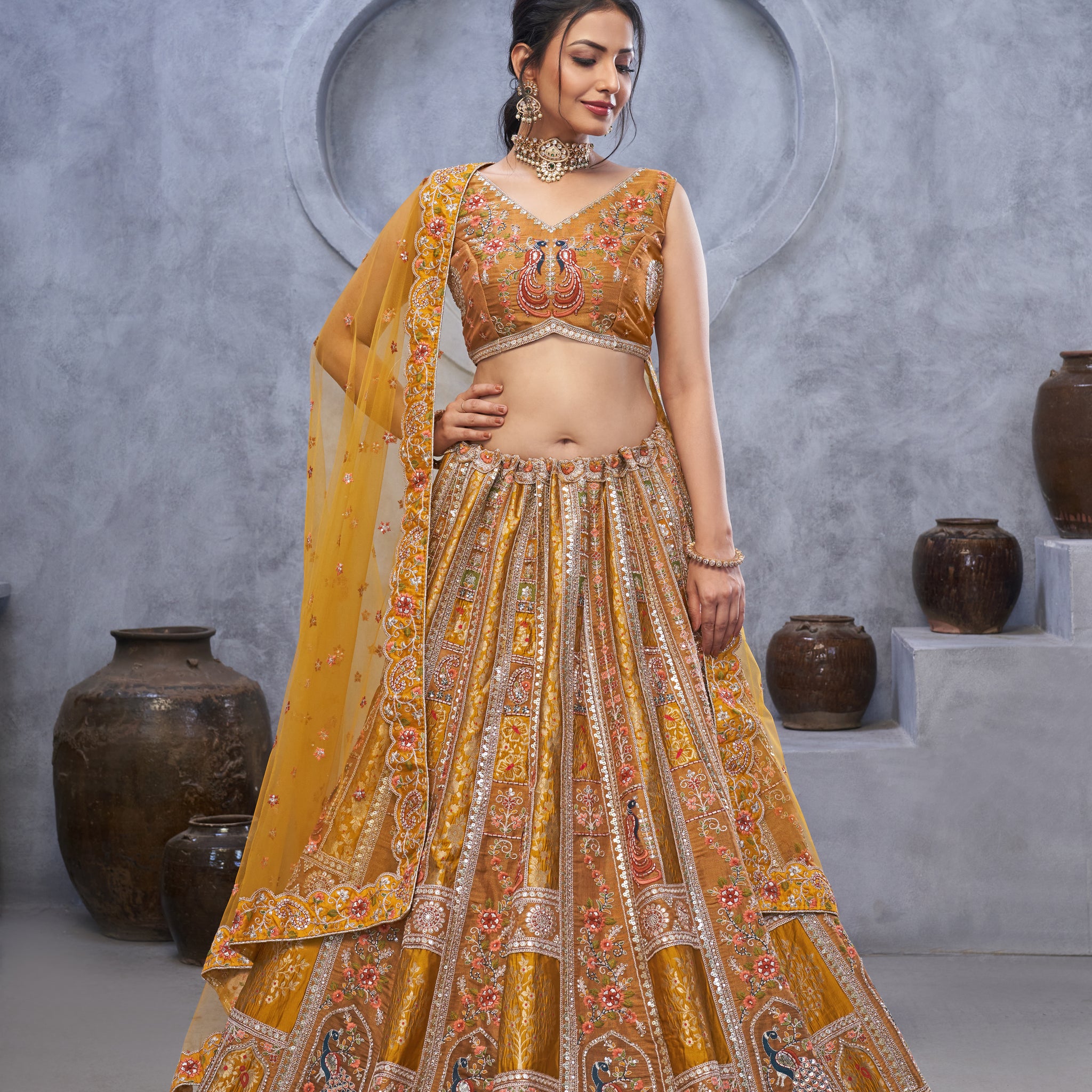 The Bagh Collection: Mustard Bridal Lehenga with Peacock Embroidery