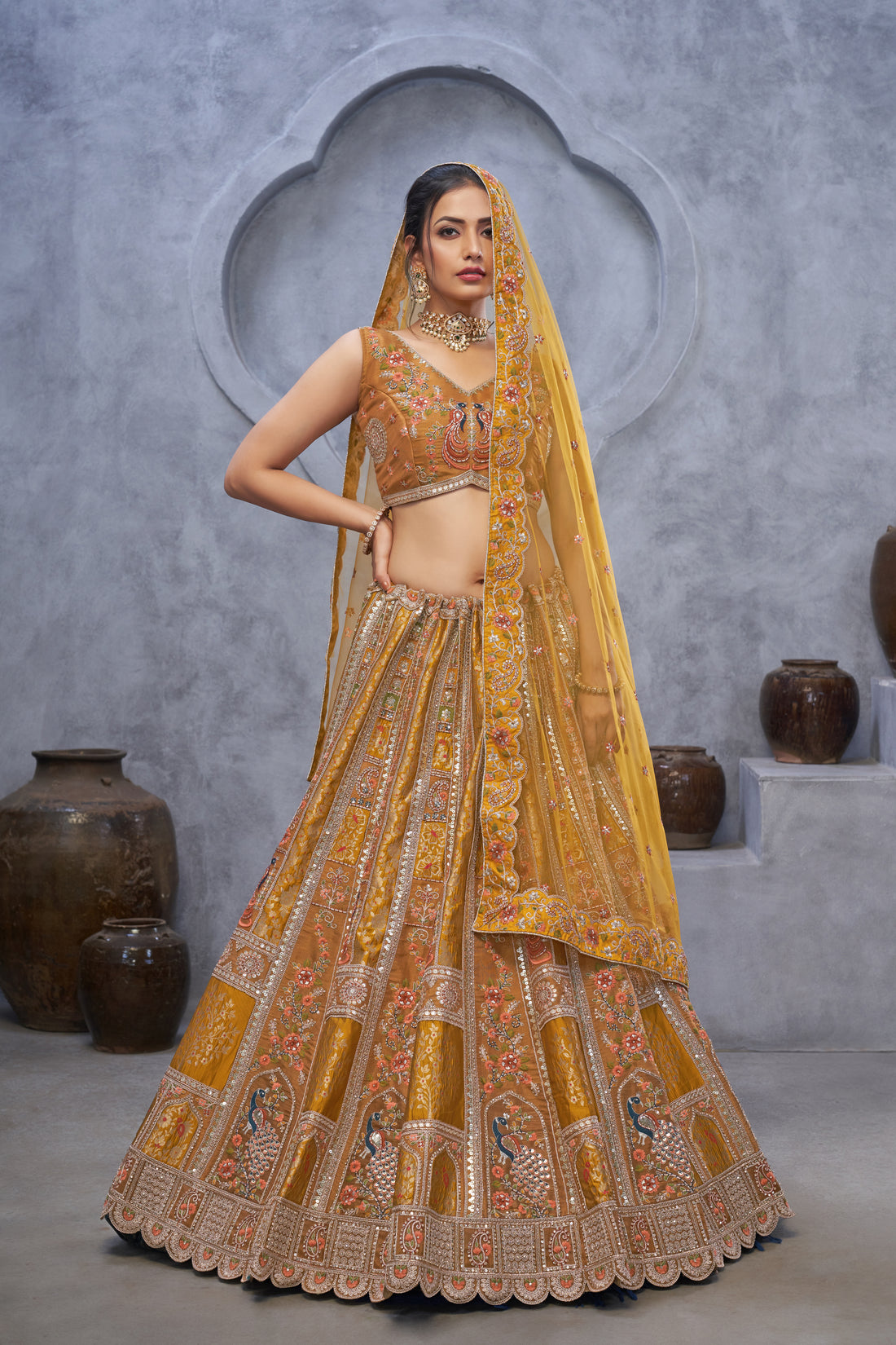 Marvelous Mustard with  peacock Embroidered bridal lehenga