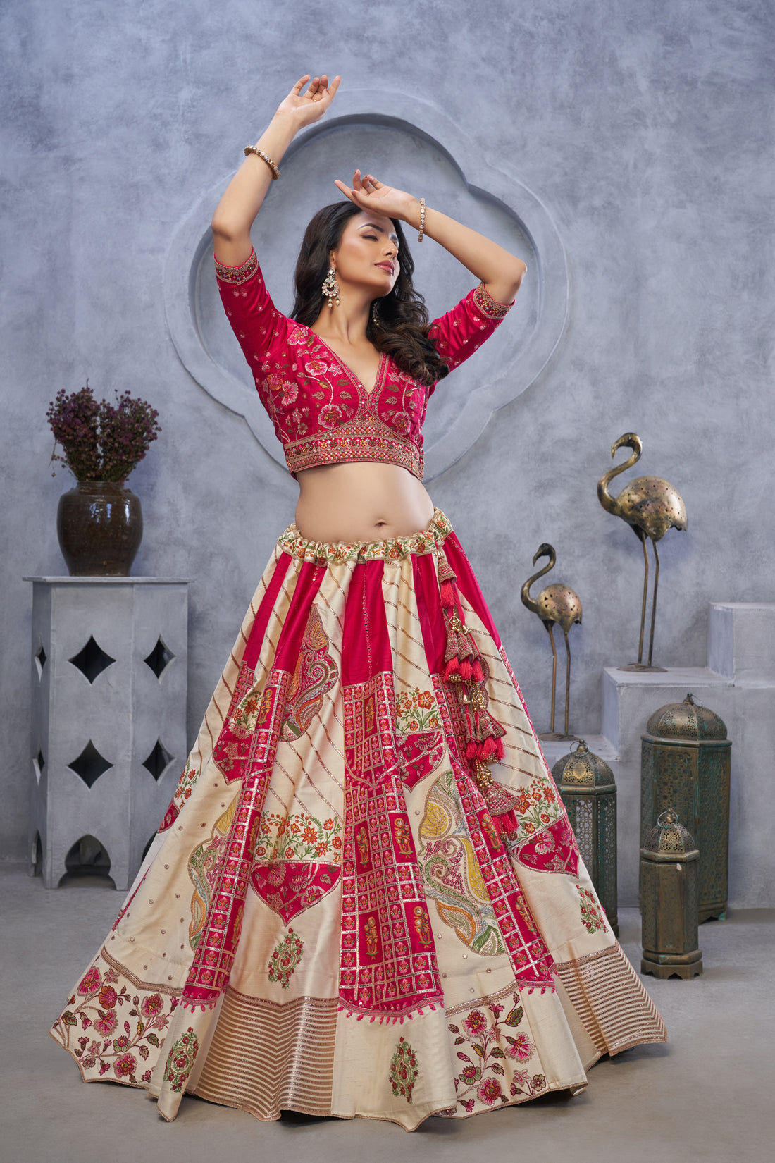 The Red and White Raw Silk Masterpiece Lehenga with Paisley Motifs and Sheer Pink Dupatta