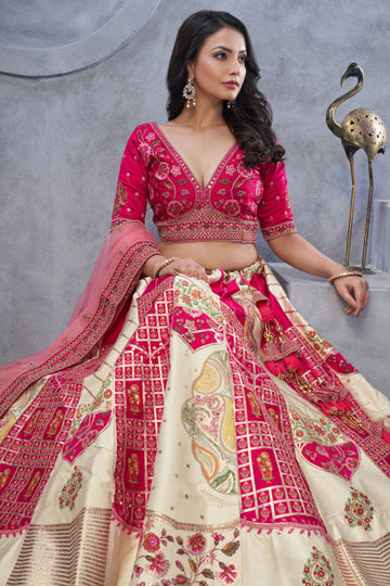 Regal Elegance: Red and White Raw Silk Lehenga with Paisley Motifs and Sheer Pink Dupatta - Kesar Fab