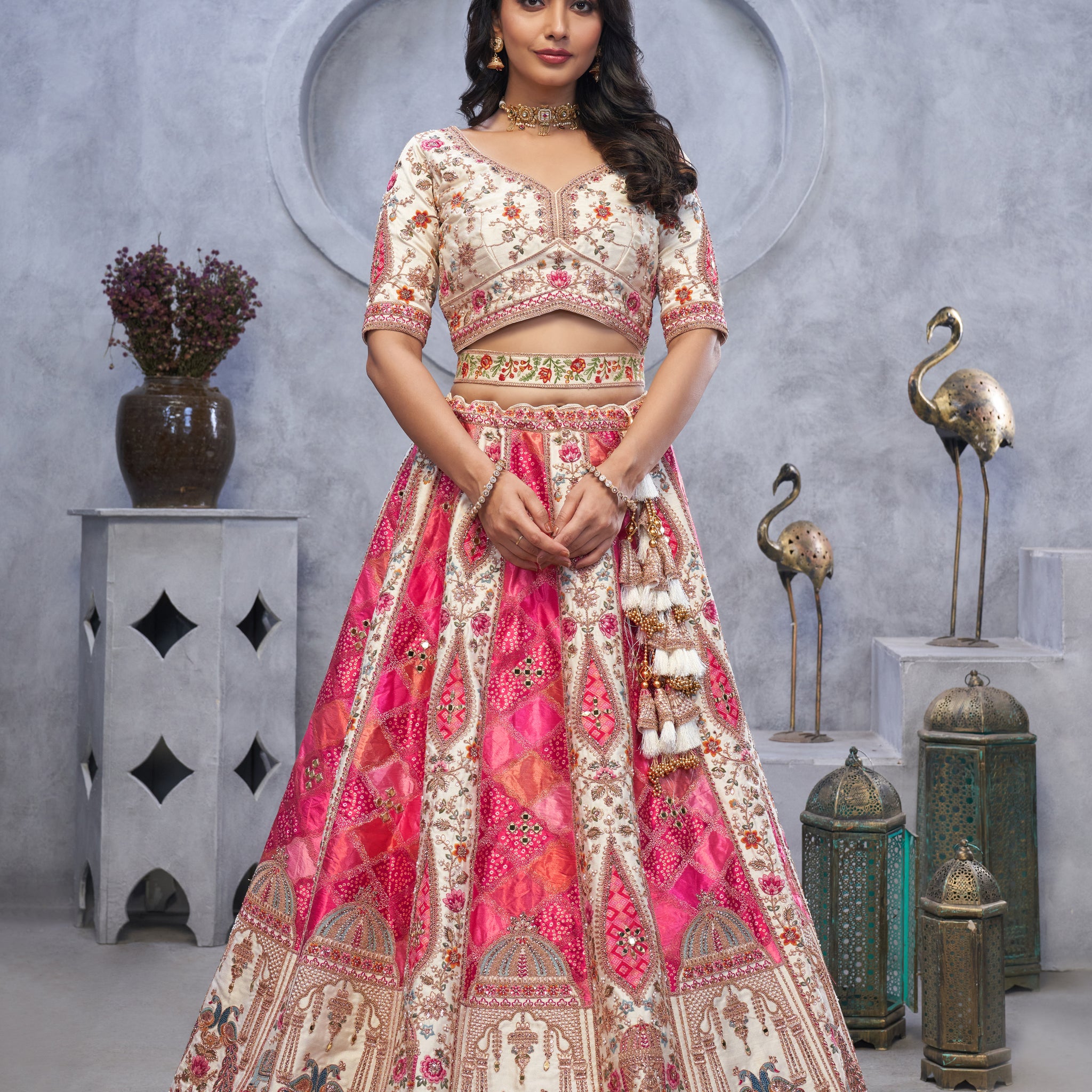 Bridal Lehenga with Temple Motifs, Peacock Designs