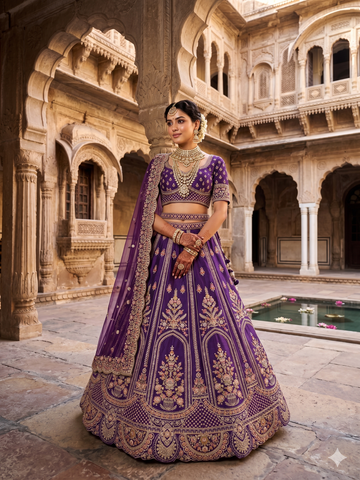 Purple Bridal Lehenga in Raw Silk with Premium Work Detailing