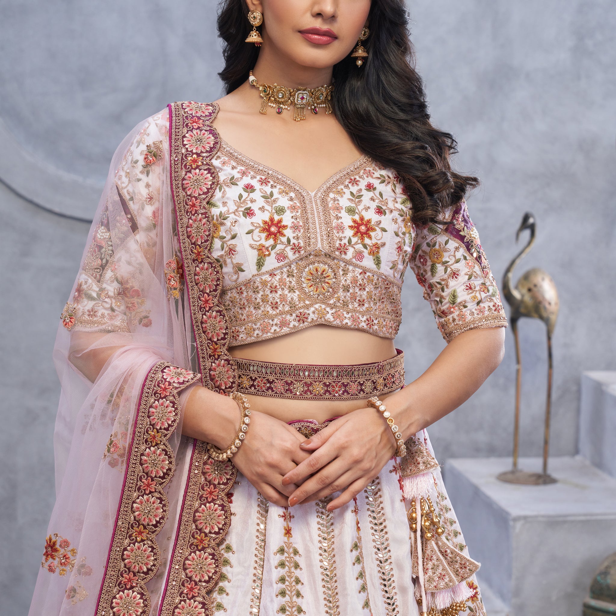 Light Purple Bridal Lehenga Zari Embroidery and Peacock Motifs