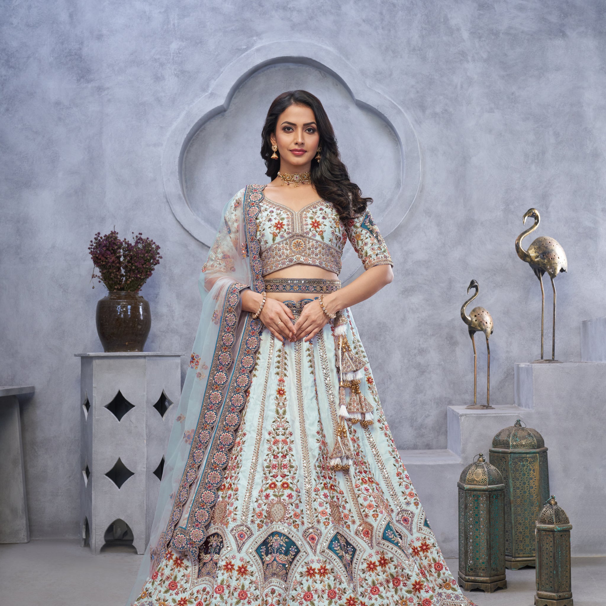 Stunning Sky Blue Lehenga with Zari Paisley Embroidery, Silk Patches, and Peacock Motifs