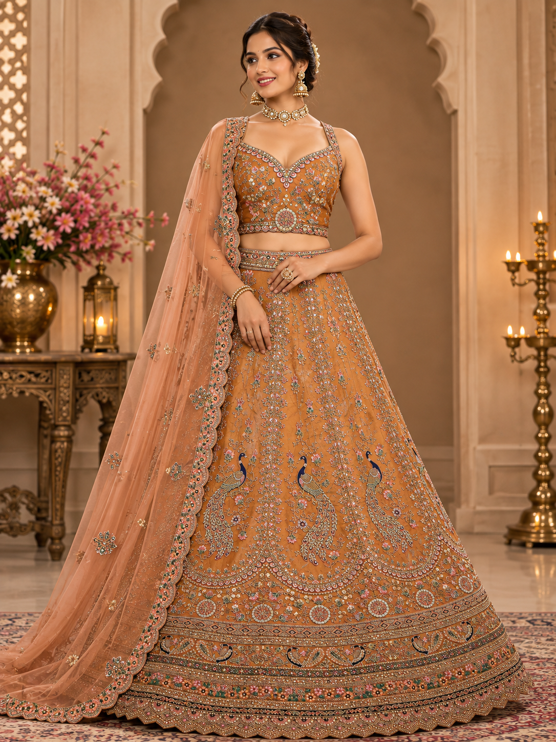 Mustard Designer Lehenga Choli with Exquisite Peacock Motifs Semi-Stitched Lehenga & Unstitched Blouse With Dupatta,