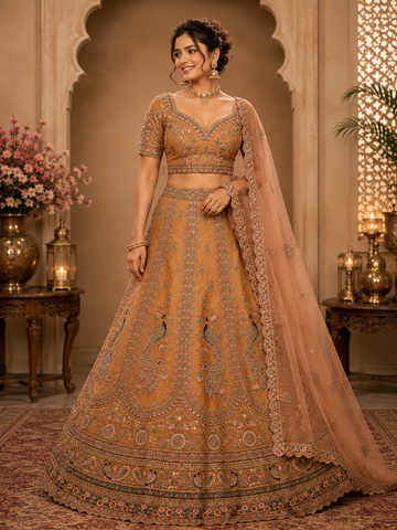 Mustard Designer Lehenga Choli with Exquisite Peacock Motifs Semi-Stitched Lehenga & Unstitched Blouse With Dupatta,