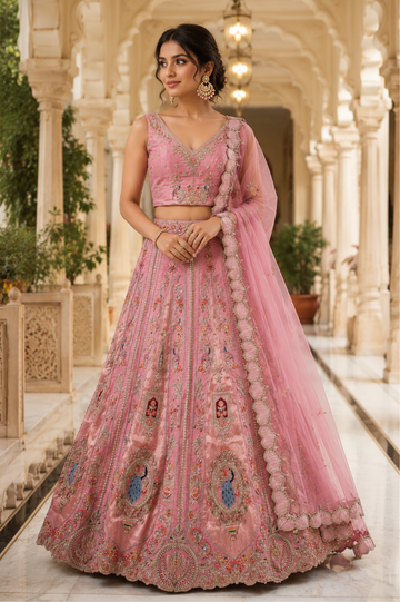 Girls' Designer Pink Silk Lehenga with Semi-Stitched Blouse & Lehenga Semi-Stitched Lehenga & Unstitched Blouse With Dupatta