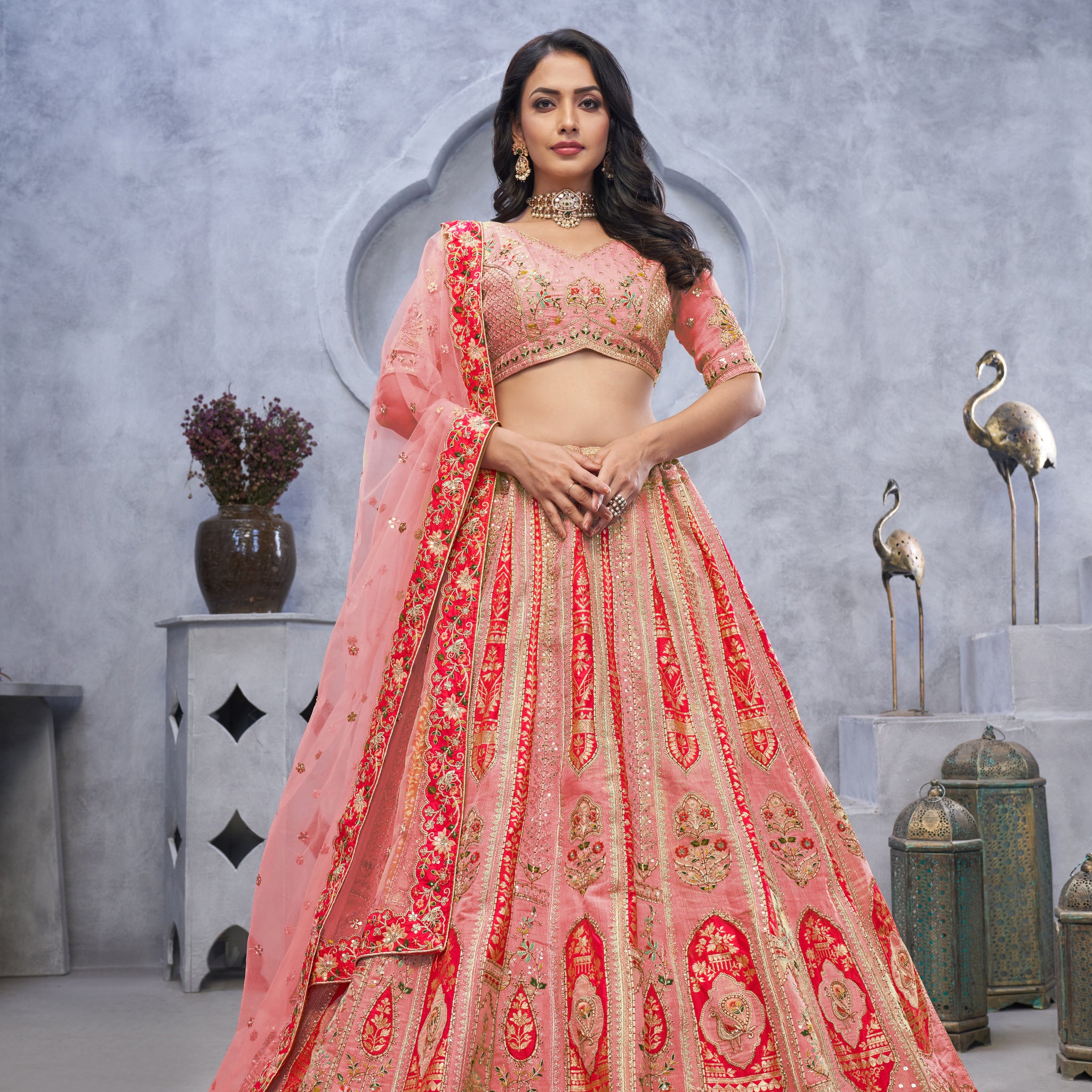 Banarasi Silk Pink color Embroidered Wedding Lehenga Choli