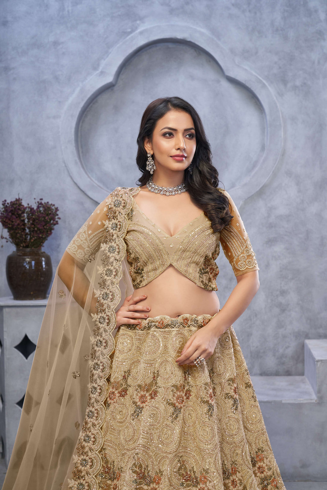 Alluring Bel Butti pattern Golden Sangeet Lehenga Choli