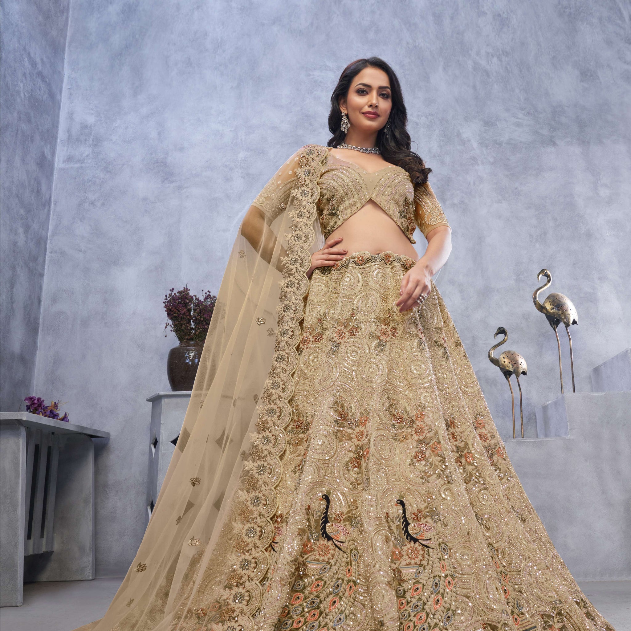 Golden Sangeet Lehenga Choli with Alluring Bel Butti Pattern