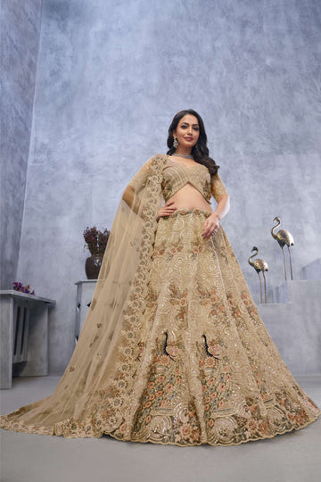 Golden Sangeet Lehenga Choli with Alluring Bel Butti Pattern