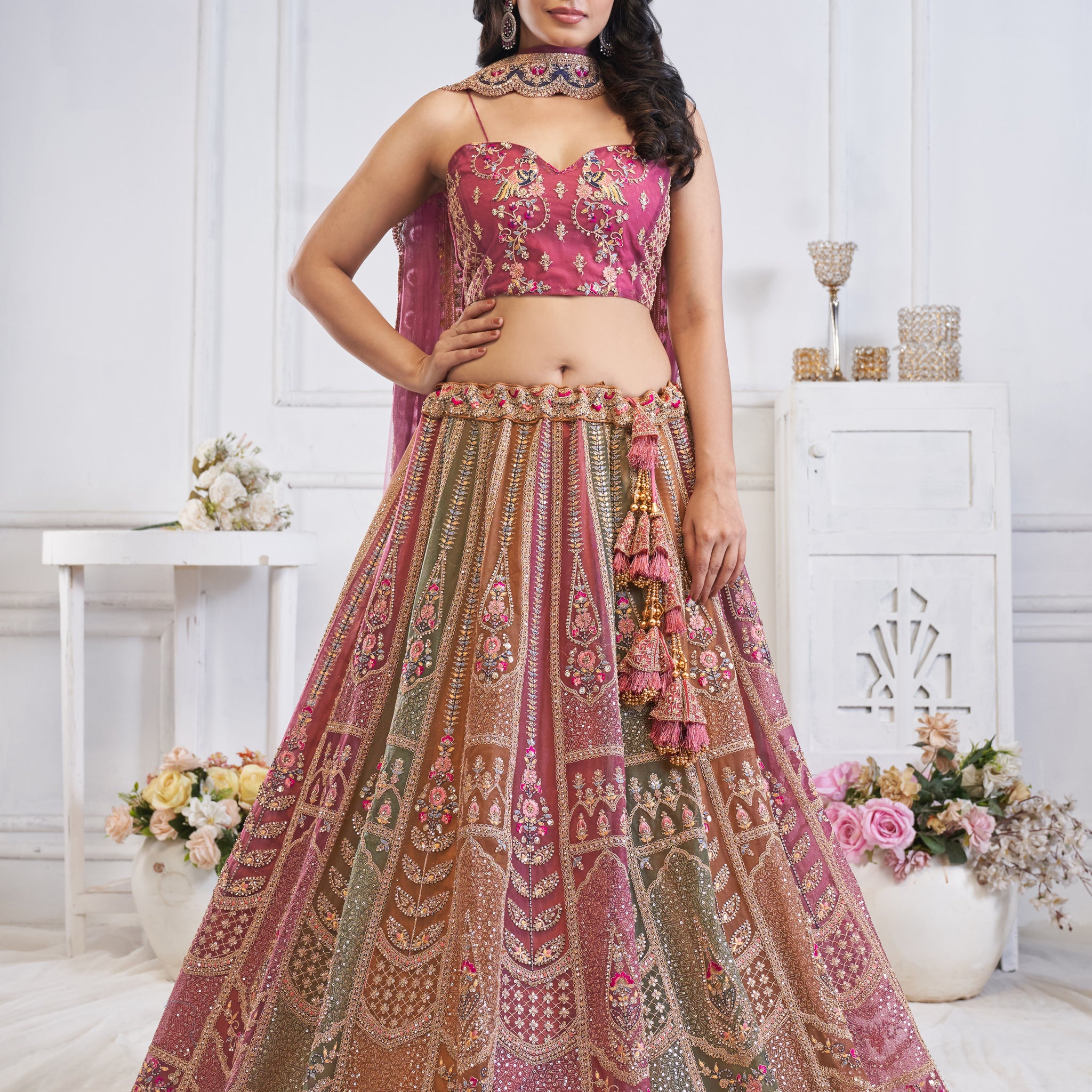 Majestic Multi-Color Zari Weaving Net Lehenga Choli With Dupatta