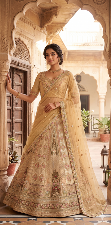 High-Fashion Gold Zari Silk Lehenga Designed with Signature Leather Details