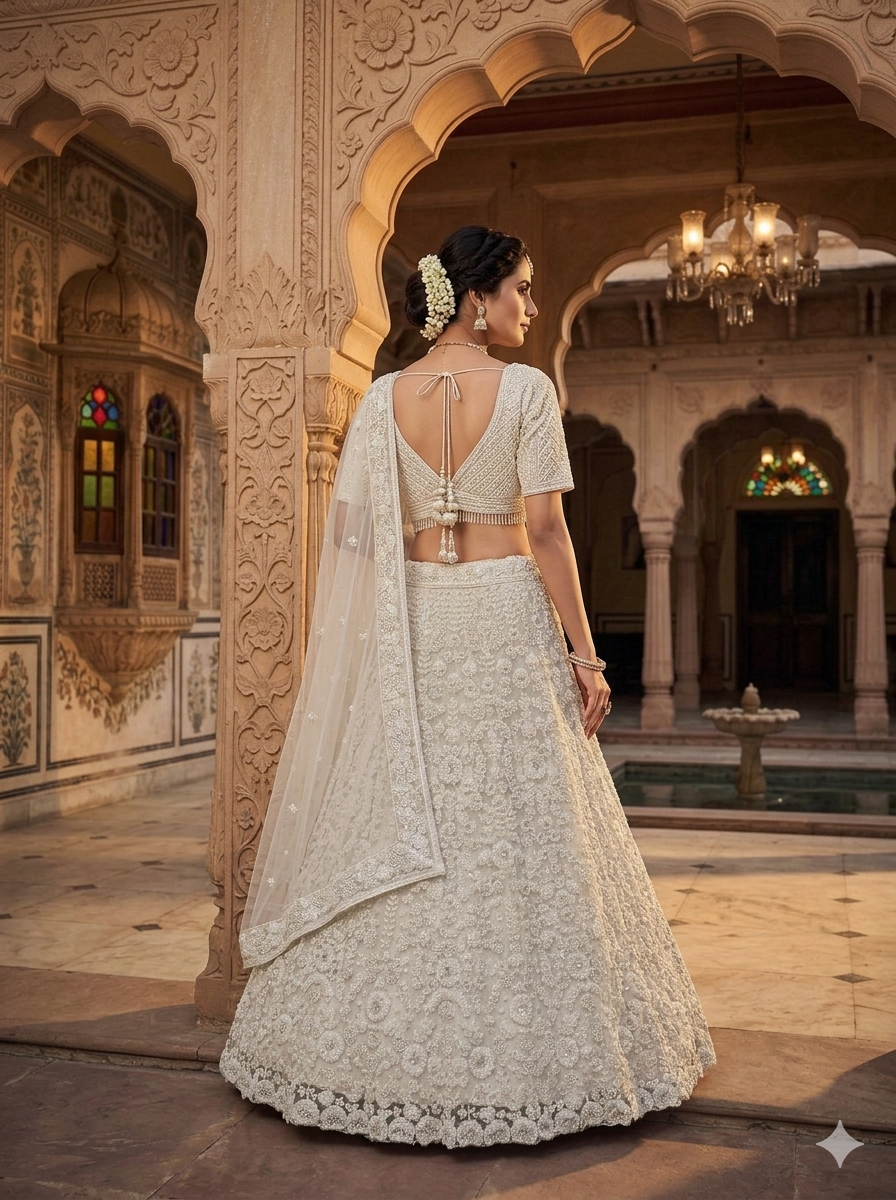 White Beads Net Lehenga for Traditional Occasion Wear