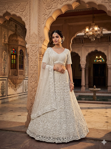 White Beads Net Lehenga for Traditional Occasion Wear