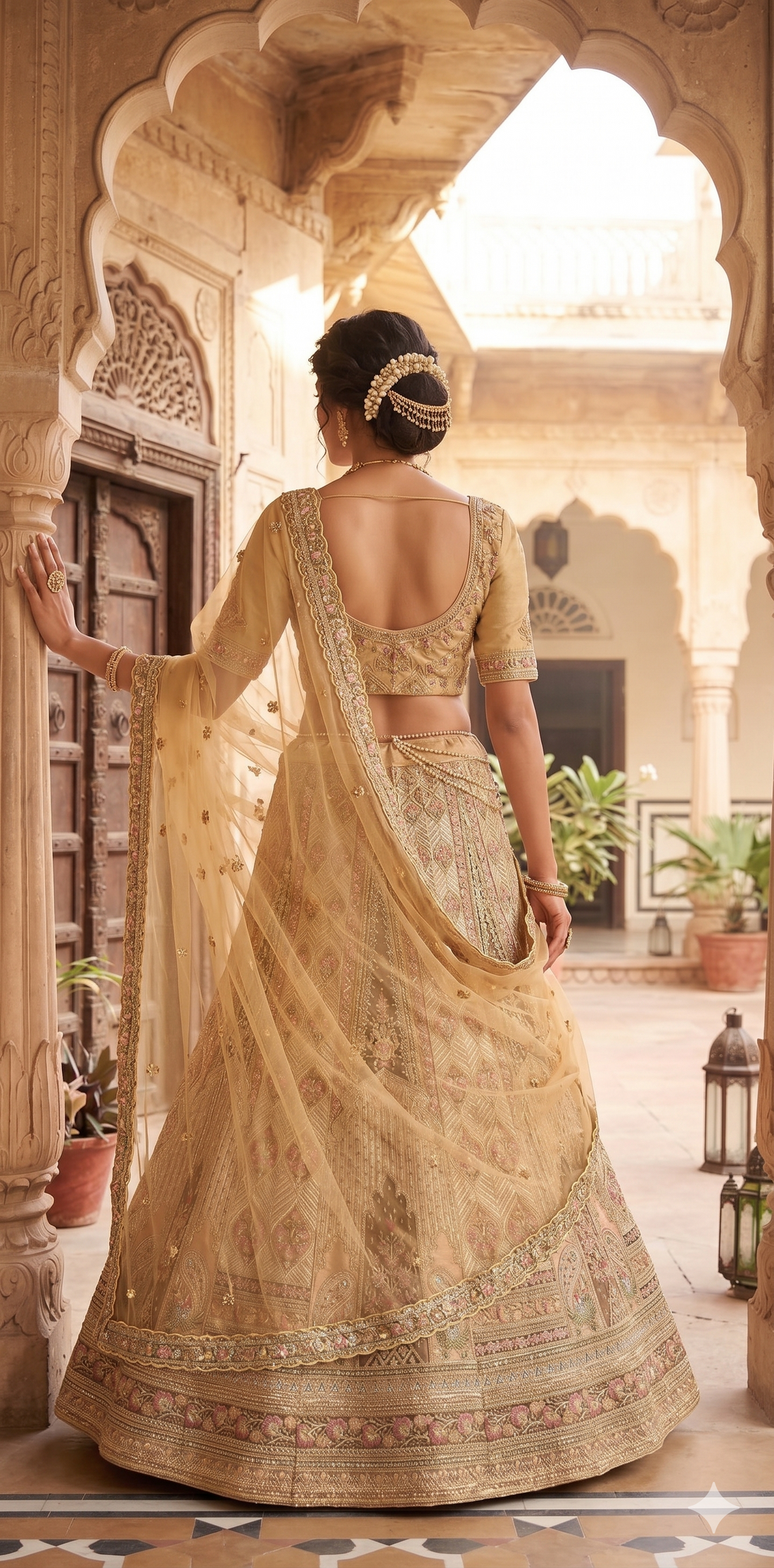 High-Fashion Gold Zari Silk Lehenga Designed with Signature Leather Details